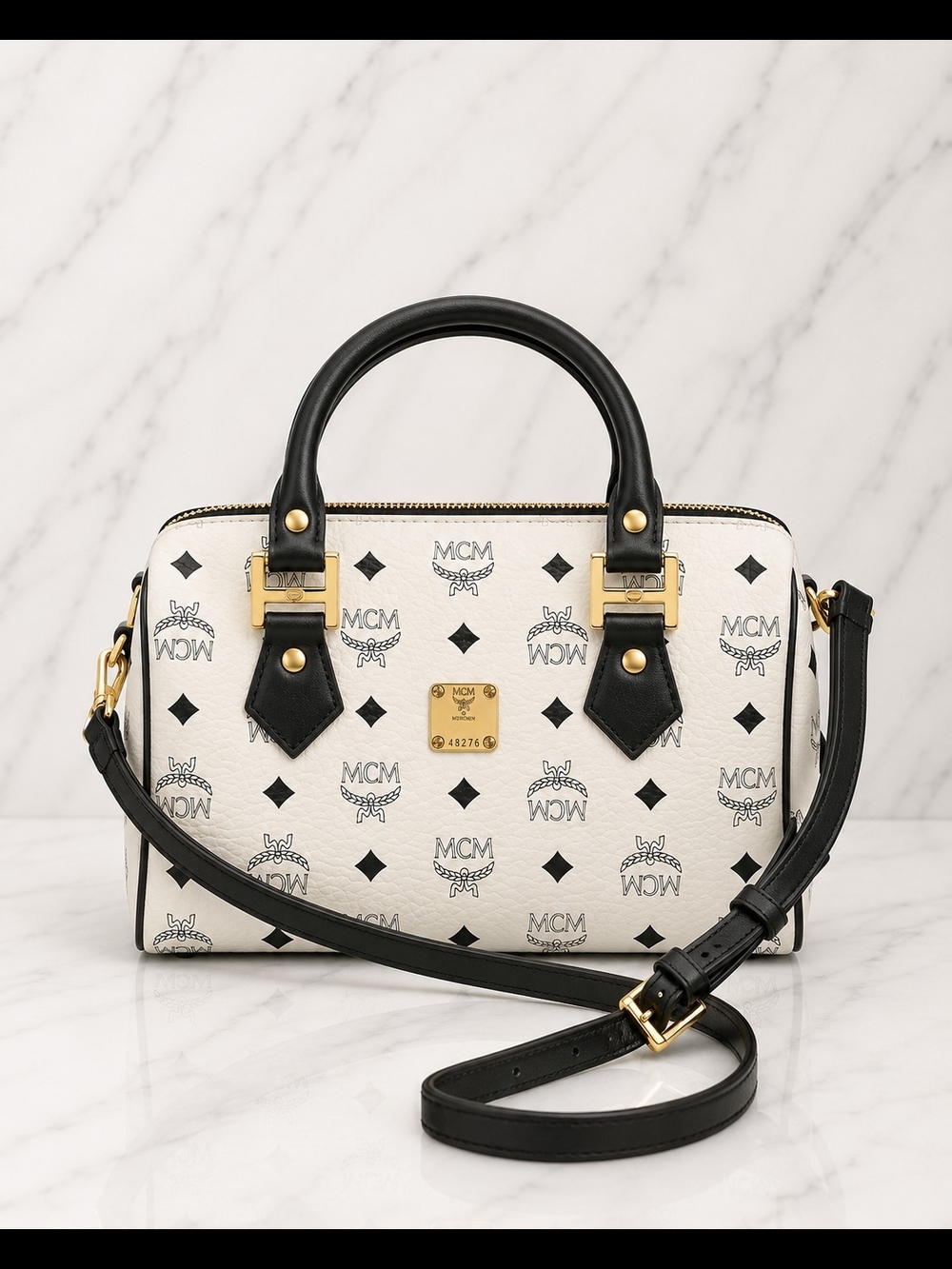 MCM White Visetos Boston Bag with Navy Blue Handles and Trim
